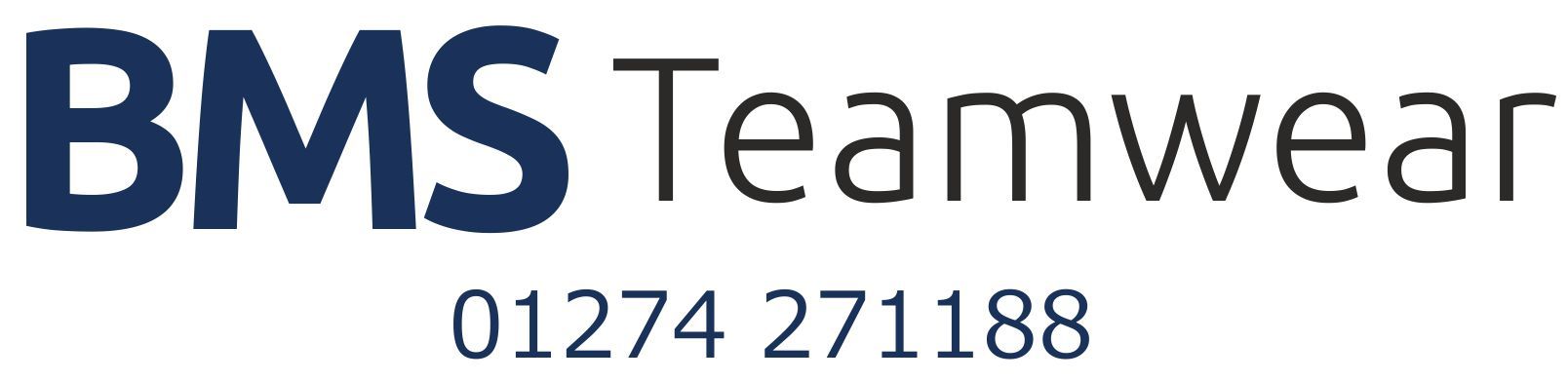 BMS Teamwear logo with navy blue text and phone number 01274 271188