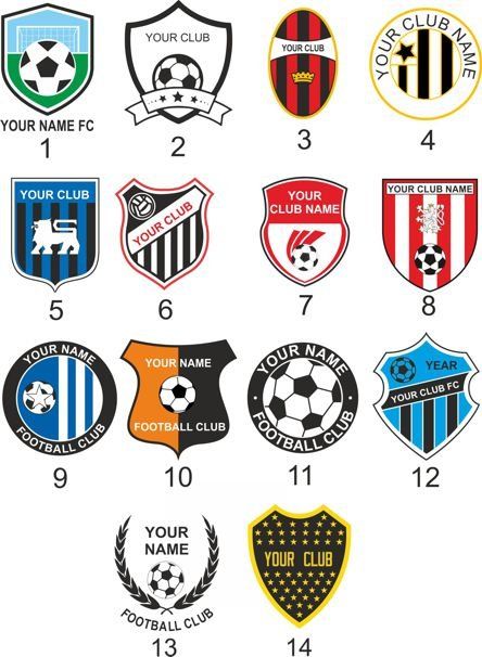 Grid of 13 football club badge templates in various colors and shield designs, numbered 1–13