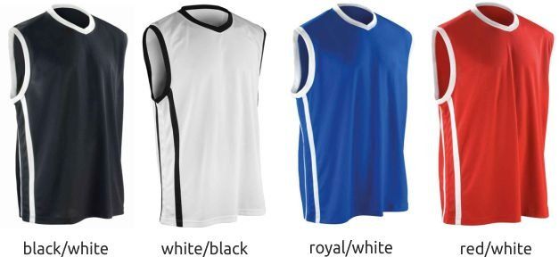 Four sleeveless athletic jerseys in black/white, white/black, royal/white, and red/white
