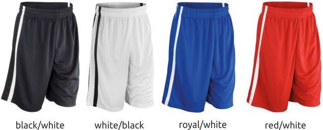 Four pairs of athletic shorts in black/white, white/black, royal/white, and red/white.