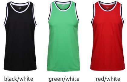 Three sleeveless athletic tops in black/white, green/white, and red/white.