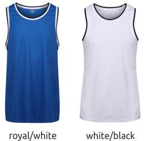Two sleeveless athletic jerseys, one royal blue with white trim and one white with black trim.