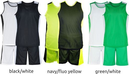 Three athletic tank-and-short sets in black/white, navy/fluo yellow, and green/white.