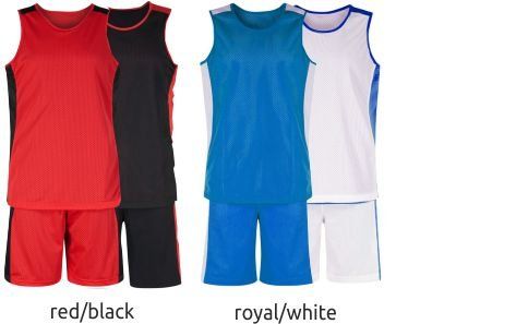 Two sleeveless athletic shirt and short sets, red/black and royal blue/white, side by side.