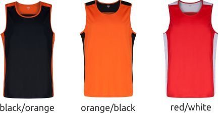 Three sleeveless athletic shirts shown in black/orange, orange/black, and red/white colorways.