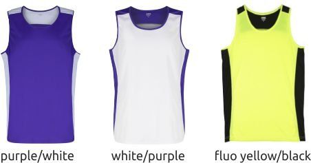 Three sleeveless athletic shirts shown in purple/white, white/purple, and neon yellow/black.