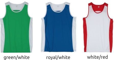 Three sleeveless athletic shirts in green/white, royal/white, and white/red