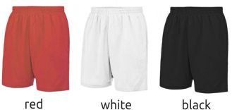 Three pairs of shorts in red, white, and black, labeled by color.