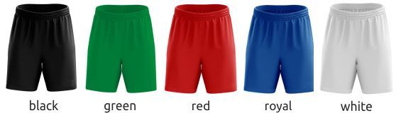 Five pairs of athletic shorts in black, green, red, royal blue, and white.