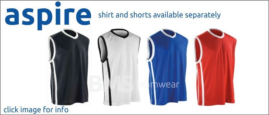 Aspire sleeveless sports shirts in black, white, blue, and red, with “shirt and shorts available separately” text