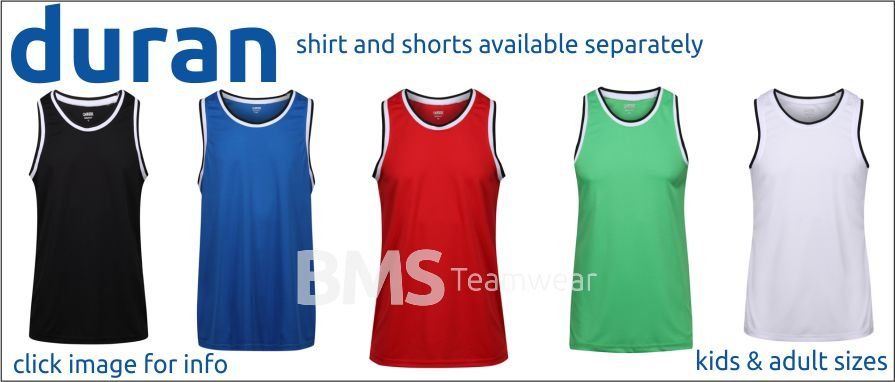 Duran sleeveless shirts in black, blue, red, green and white, with text “shirt and shorts available separately”