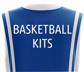 Blue basketball jersey with white stripes and the text “BASKETBALL KITS”