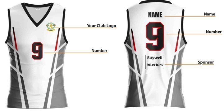 White and gray soccer jersey mockup, front and back, with red number 9 and customizable name fields
