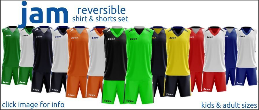 Ad for reversible shirt and shorts sets in multiple colors, shown in kids and adult sizes