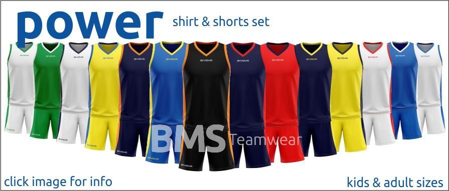 Power shirt and shorts sets in multiple colors, with BMS Teamwear branding and “kids & adult sizes” text
