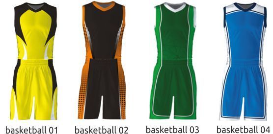 Four basketball jerseys in yellow, black-orange, green-white, and blue-white, labeled 01–04.