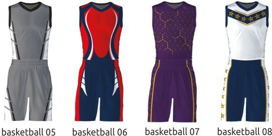 Four basketball uniforms displayed side by side in gray, red and navy, purple, and white and blue designs.