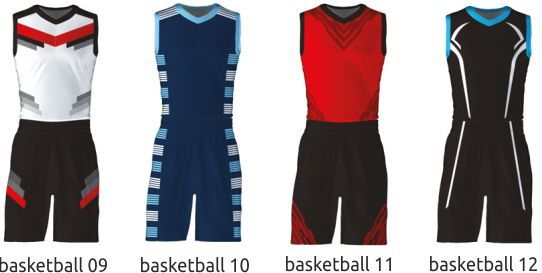 Four basketball uniform designs in white, blue, red, and black, shown side by side on a white background