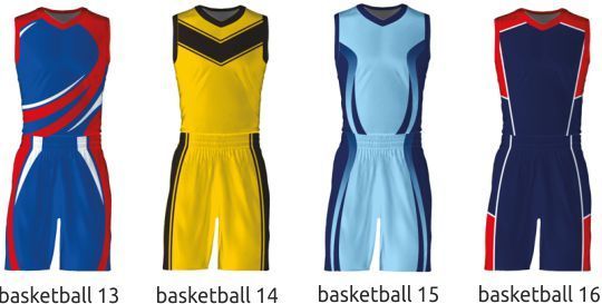 Four basketball jerseys in red, yellow, light blue, and navy, labeled 13 to 16 on a white background