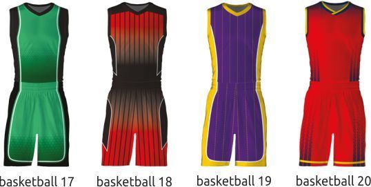 Four basketball jerseys in green, black-red, purple-yellow, and red, each shown front view.