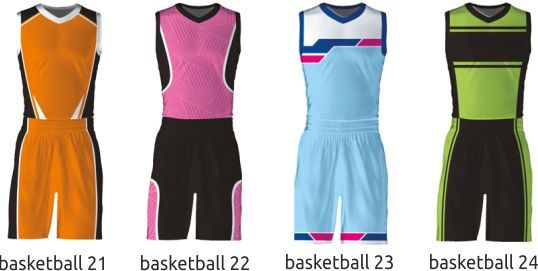 Four basketball jerseys in orange, pink and black, light blue, and black with green stripes, labeled 21–24