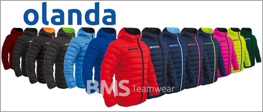 Row of colorful puffer jackets with “olanda” and “BMS Teamwear” branding on a white background