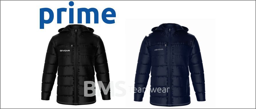 Two navy winter coats on a white background with a blue “prime” logo above