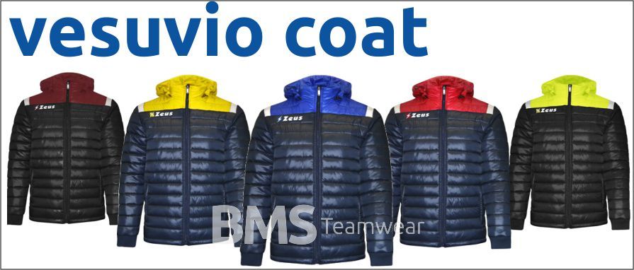 Vesuvio coats in five colors: red, yellow, blue, navy, and lime green, on a white background