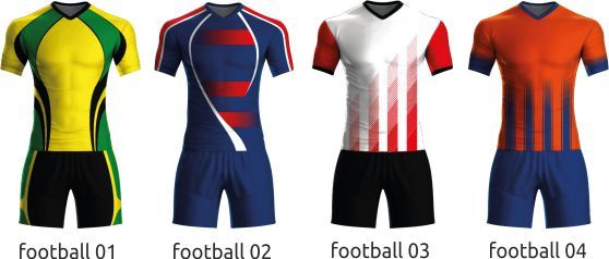 Four football jersey designs in yellow, blue, white-red, and orange-blue patterns.