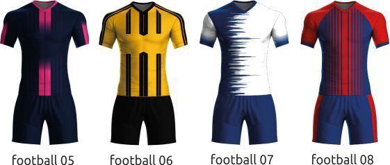 Four soccer jerseys in black, yellow, white, and red-blue, shown front and back on a white background