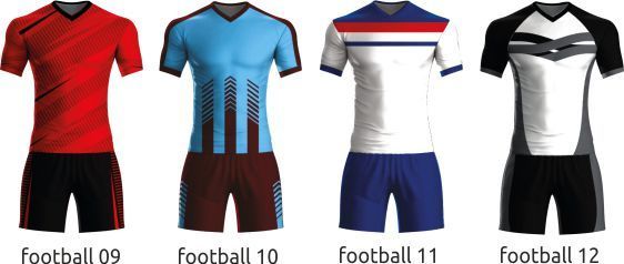 Four soccer jerseys in red, blue, white, and black, labeled football 09 to 12.