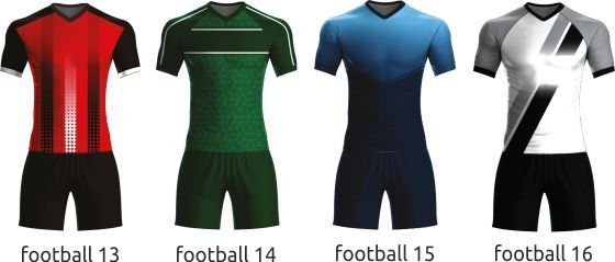 Four football jerseys in red, green, blue, and white-and-black, labeled football 13–16