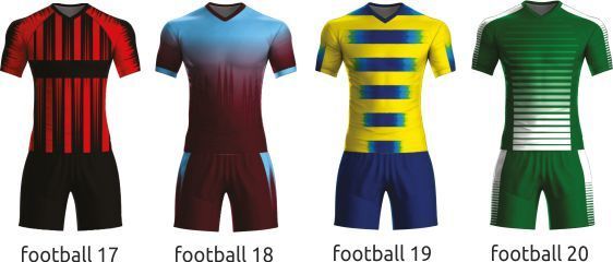 Four soccer jerseys: red-black, maroon, blue-yellow, and green striped, labeled Football 17-20