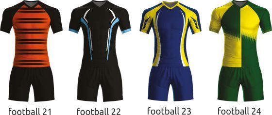 Four soccer jerseys labeled football 21–24 in orange-black, black-blue, blue-yellow, and yellow-green.