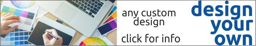 Design-your-own banner with laptop, color swatches, and text “design your own” / “click for info”