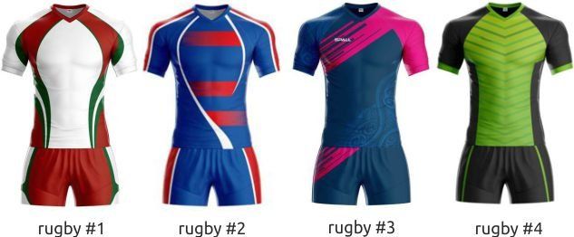 Four rugby jerseys in white/red, blue/red, dark blue/pink, and green/black, labeled 1–4