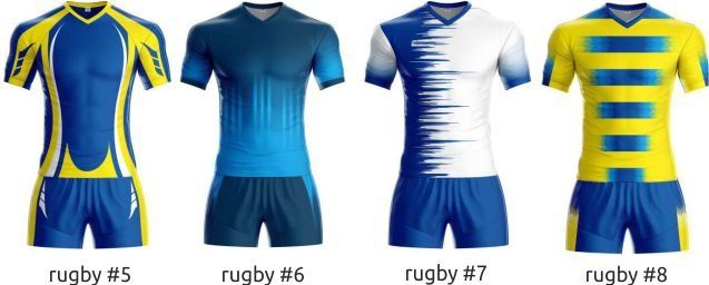 Four rugby jersey designs in blue, yellow, and white, shown front and back with labels rugby #5 to #8