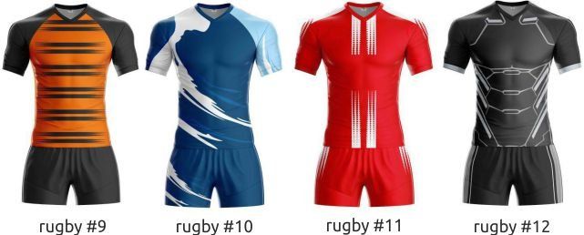 Four rugby jerseys in orange, blue, red, and black, labeled rugby #9 to rugby #12.
