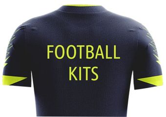 Dark navy football jersey back with neon yellow trim and the words “FOOTBALL KITS” on it