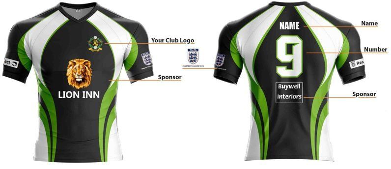 Black, white and green lion-themed sports jersey, front and back view with sponsor logos and number 9.