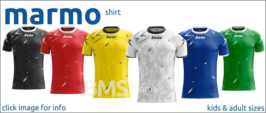 Marimo shirt ad showing five T-shirts in black, red, yellow, white, blue, and green, in kids and adult sizes