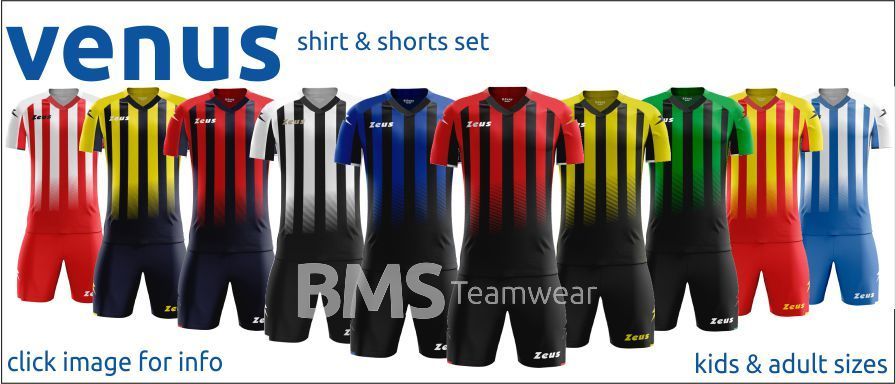 Venus shirt and shorts set ad with colorful striped soccer uniforms on white background