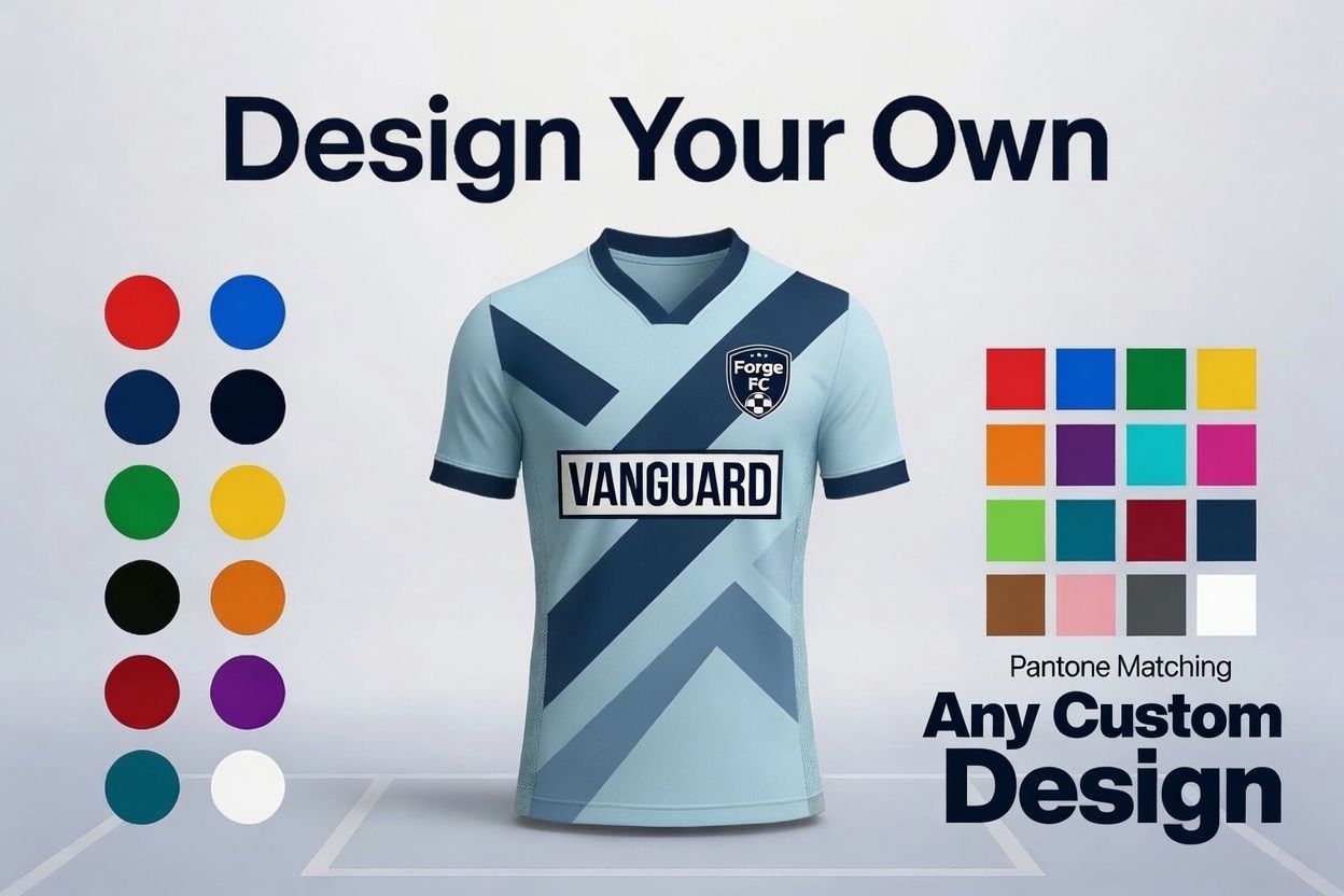 Customizable blue soccer jersey with color swatches and “Design Your Own” text