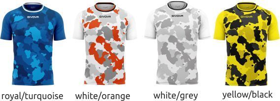 Four T-shirts in royal/turquoise, white/orange, white/grey, and yellow/black camo patterns.
