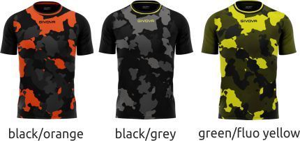 Three camouflage T-shirts in black/orange, black/grey, and green/fluo yellow on white background
