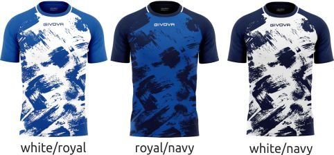 Three soccer jerseys in white/royal, royal/navy, and white/navy camo patterns