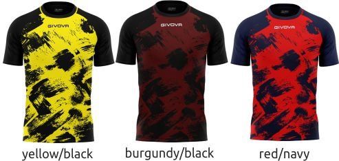 Three short-sleeve athletic shirts in yellow/black, burgundy/black, and red/navy camo patterns