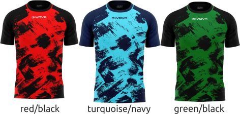 Three athletic shirts in red/black, turquoise/navy, and green/black camouflage patterns.