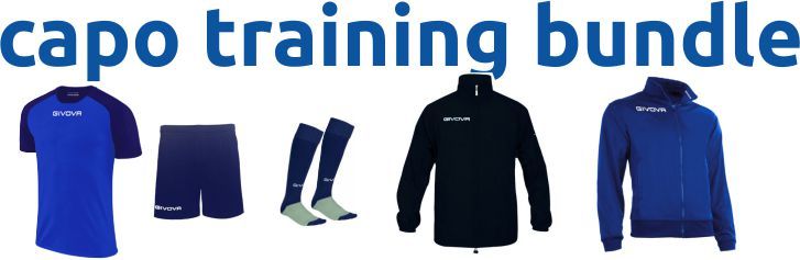 Capo training bundle with blue jersey, navy shorts, striped socks, black top, and blue hoodie