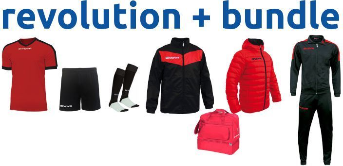 Revolution bundle: red shirt, black shorts, socks, jacket, red puffer jacket, red bag, and black pants